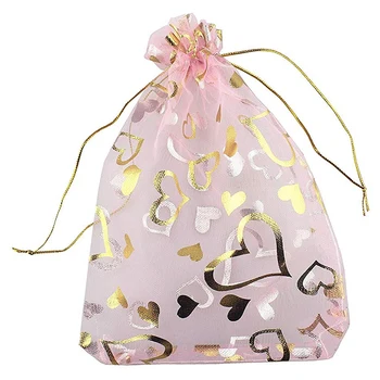 100 ШТ розовых сумок из органзы с принтом сердца 9x12 см, сумок для ювелирных изделий, мешочков на шнурке из органзы, свадебных сувениров, пакетов для конфет