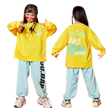 2023 Новая детская одежда для девочек, топ с длинными рукавами, штаны для бега трусцой, танцевальный костюм в стиле хип-хоп, повседневная одежда для школьников
