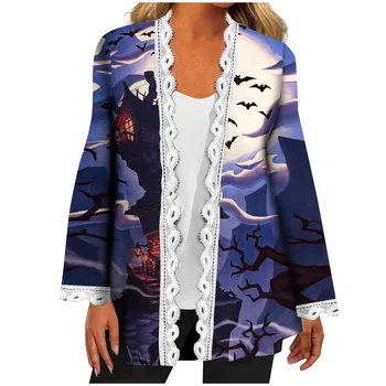2023 Новое женское модное повседневное пальто-кардиган с принтом на Хэллоуин, женский кружевной жакет-кардиган с длинным рукавом, пальто для одевания на Хэллоуин