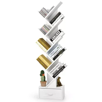 OIMG 10-ярусная книжная полка из дерева с выдвижным ящиком, Отдельно стоящий Книжный шкаф, Полка для хранения, Белый \ коричневый