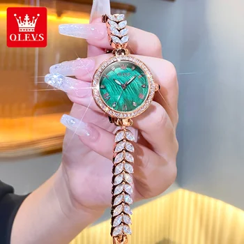 OLEVS Модные женские кварцевые часы из розового золота и зеленого цвета, роскошный браслет с кристаллами и бриллиантами, водонепроницаемые женские часы Montre Femme