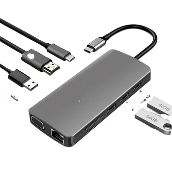 Алюминиевый Многопортовый адаптер Type C-концентратор 8 в 1 для подключения USB 3.0 C-концентратора к HD Female (4K) Ethernet, Устройства чтения карт SD/Micro