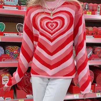 В продаже Осенне-зимние женские свитера Heartbeat Y2k с цветным блоком, Эстетичный Красочный пуловер с имитацией горловины, Топы, Трикотаж, Одежда