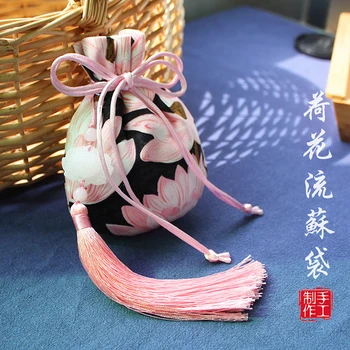 Винтажная сумка на шнурке Lotus, цветочное саше в китайском стиле, Сумка для хранения ювелирных изделий, Аксессуары Hanfu, сумка с кисточкой, подарочная сумка