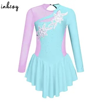 Детское Балетное платье-пачка для девочек, гимнастическое трико, танцевальная одежда с длинным рукавом, костюм для фигурного катания со стразами, вечерние платья для балерин