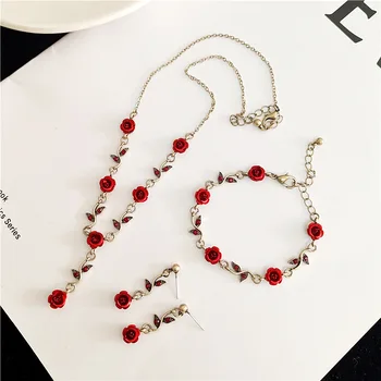 Длинное ожерелье с подвеской для женщин, Регулируемый браслет с красной розой, Серьги с цветочным кулоном, Свадебные подарки на День матери, ювелирный набор