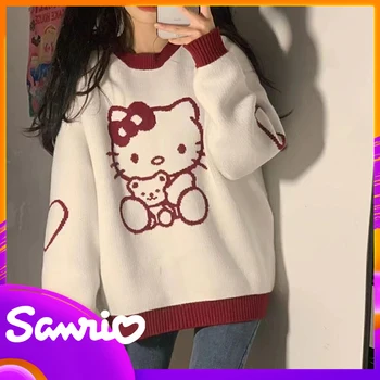 Женская одежда Sanrio Пуловер Hello Kitty, Кавайный свитер свободного цвета, Корейский свитер, женский модный свитер большого размера с длинным рукавом