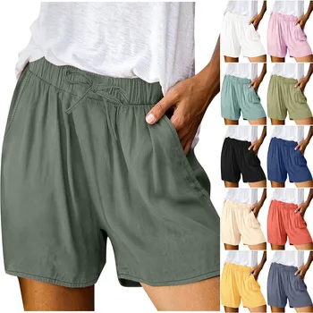Женские шорты-бермуды, однотонные хлопковые льняные шорты для девочек, Широкие плавки свободного кроя, Карманные повседневные базовые короткие брюки, Спортивные
