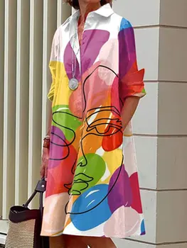 Женское однобортное платье-рубашка со свободным отворотом и длинными рукавами 2023, женский кардиган в стиле пэчворк с карманом и принтом, платье длиной до колен