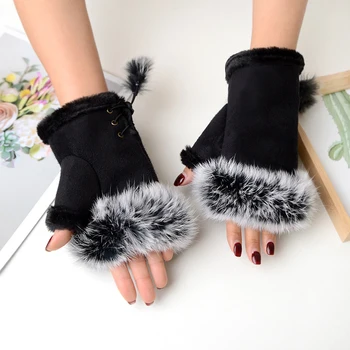 Зимние женские перчатки из кроличьего меха, Замшевые перчатки на запястье с подогревом на полпальца, Лыжные перчатки без пальцев, Толстые эластичные рукавицы без пальцев