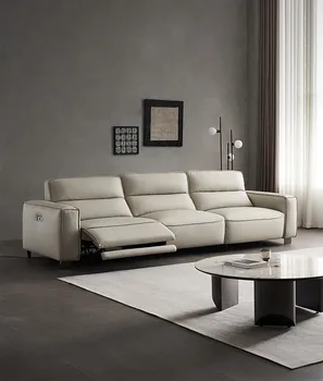 Кожаный диван, простая гостиная, современный электрический многофункциональный, выдвижной, прямой ряд, для трех или четырех человек