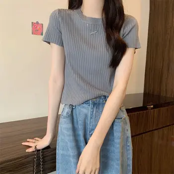 Корейская версия однотонной футболки из ледяного шелка с коротким рукавом, женская новая летняя милая облегающая футболка черного цвета