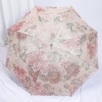 Креативный кружевной вышитый зонтик С сумкой, Двухслойный зонтик, открытый зонтик для защиты от ультрафиолетового излучения, 3-х Складной зонтик для женщин