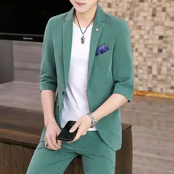 Летний мужской пиджак с коротким рукавом, верхняя одежда на одной пуговице, Корейский приталенный однотонный блейзер, модный Повседневный мужской костюм Terno