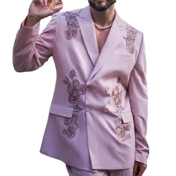 Мужские костюмы, пальто, куртка с цветочным принтом, Приталенные блейзеры, кардиган с двубортным воротником, длинный рукав, Розовая мужская элегантная одежда для бойфренда