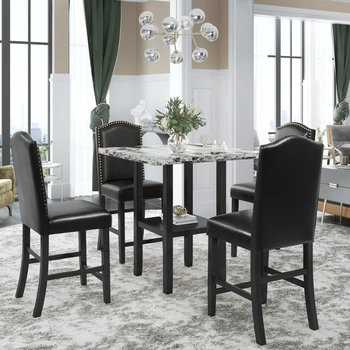 Обеденный набор из 5 предметов с соответствующими стульями и нижней полкой для столовой, черный стул + серый стол