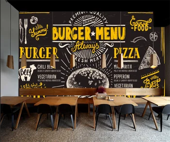 Обои на заказ Черный фон Бургер, пицца, фреска, ресторанная оснастка, фоновая роспись стен, 3D обои