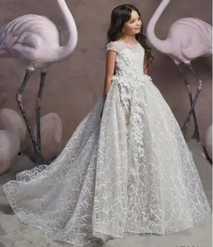 Платья с короткими рукавами для девочек в цветочек для свадеб, бальное платье, кружевные, с жемчугом, длинные платья для первого причастия, для маленьких детей