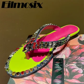 Разноцветные шлепанцы со стразами, женские разноцветные тапочки с открытым носком на плоском каблуке, женские летние тапочки для отдыха на улице