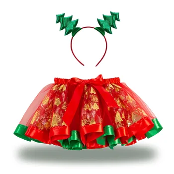 Рождественская детская одежда с принтом и повязкой на голову, сетчатая детская юбка-пачка