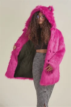 Розово-красная однотонная шуба из искусственного меха, женская зимняя модная верхняя одежда с капюшоном и длинными рукавами, пушистые пальто из искусственного меха, куртки