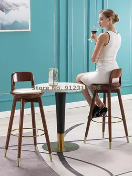 Скандинавский легкий роскошный барный стул из массива дерева современный простой барный стул бытовой барный стул с вращающейся спинкой кожаный высокий стул
