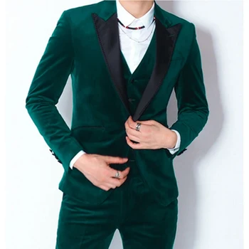 Темно-зеленый бархатный облегающий мужской бальный комплект из 3 предметов, черный свадебный смокинг жениха с лацканами, мужской деловой повседневный комплект на заказ