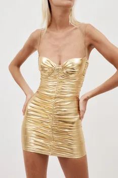 2023 Новое летнее женское сексуальное итальянское мини-платье с золотым ремешком в виде лапши, модное плиссированное облегающее платье с открытой спиной Club Vestidos