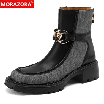 MORAZORA / 2023/ Новые ботинки из натуральной кожи; женские ботильоны на среднем квадратном каблуке с молнией сзади; короткие туфли на платформе с металлической цепочкой;