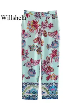 Willshela / женские прямые брюки на молнии спереди с модным принтом, винтажные женские шикарные брюки полной длины с высокой талией