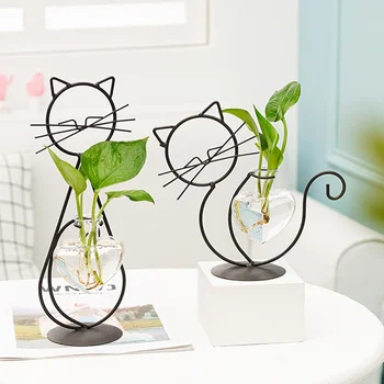 Гидропонная ваза в форме кошки в стиле Insta, креативное украшение столешницы в гостиной, простая металлическая подставка для гидропонного контейнера