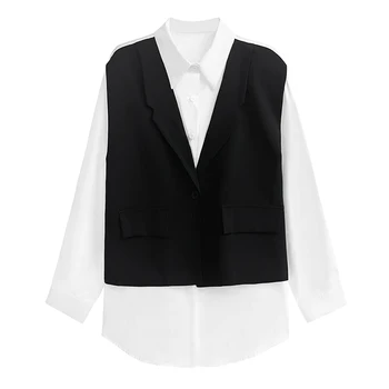 Женская рубашка SuperAen Осень 2023, Новый стиль, черно-белые контрастные Поддельные Две рубашки, Модная рубашка с Джокером