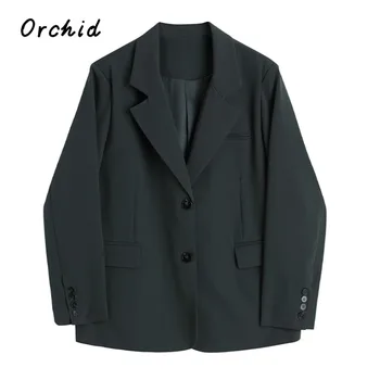 Женский однотонный винтажный блейзер в английском стиле, куртка 2023, осень-зима, длинные рукава, свободное однобортное пальто, офисная женская одежда