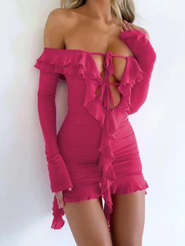 Женское платье с открытым ремешком для ночного клуба Falbala, сексуальное платье с вырезом в одно слово, облегающая одежда с запахом на бедрах, с длинным рукавом, Y2k