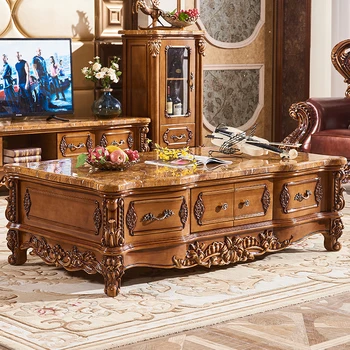 Журнальный столик из массива европейского дерева, роскошная гостиная в американском стиле, мраморная поверхность с чайным столиком антикварного цвета.
