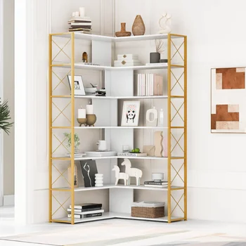 Золотой + белый 7-уровневый книжный шкаф Книжная полка для домашнего офиса \ L-образный угловой книжный шкаф с металлическим каркасом\ Индустриальный стиль
