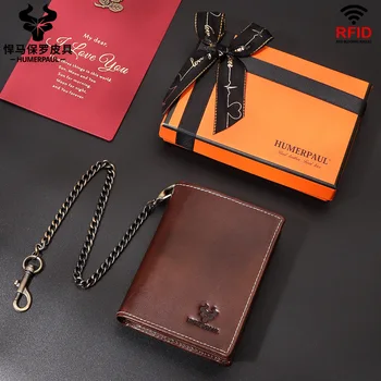 Летний новый кожаный мужской кошелек модного дизайна с несколькими слотами для карт, сумка для карт с металлической цепочкой RFID, короткий кошелек