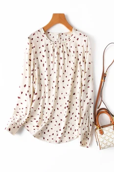 Летняя Женская шелковая блузка ”Лепесток“, топы из натурального шелка, блузки, женская Элегантная шелковая блузка с длинным рукавом и цветочным принтом