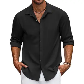 Мужская рубашка Уличная мужская осенняя рубашка средней длины свободного кроя из мягкой дышащей ткани с отложным воротником, однотонный весенний топ в повседневном стиле