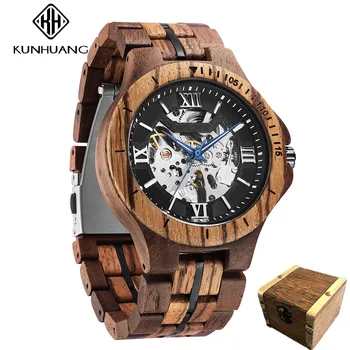 Мужские автоматические часы KUNHUANG, деревянные механические часы, роскошный циферблат со скелетом, часы из натурального дерева, Деревянная подарочная коробка Montre homme
