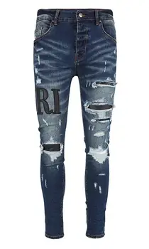 Мужские Джинсы Стрейчевые Узкие брюки Уличная мода Темно-синие Эластичные Рваные джинсы Мужская Фирменная нашивка Дизайнерские брюки в стиле хип-хоп Hombre