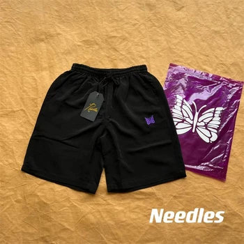 Новые нейлоновые Быстросохнущие шорты с острыми иглами Фиолетовая вышивка бабочкой на шнурке Черные бриджи Оверсайз