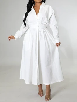 Платья для женщин 2023, Весна-лето, новая однотонная уличная одежда, белое платье с длинным рукавом и отворотом, длинные платья, элегантная женская одежда