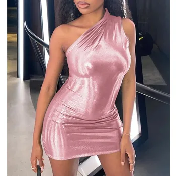 Сексуальное элегантное Женское блестящее облегающее платье на резинке без рукавов с наклонным плечом, однотонное розовое платье-кроссдрессер для сисси
