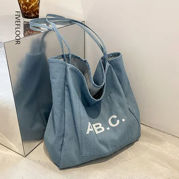 Сумки через плечо нового стиля, женские джинсовые синие сумки-тоут, сумки большой емкости с простой буквой ABC, портативные тканевые сумки, сумки для покупок